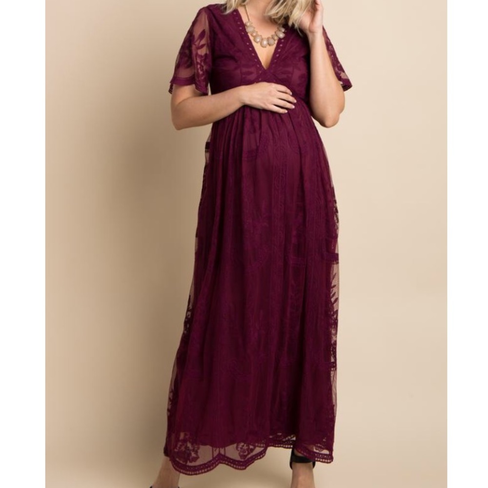 Pinkblush Burgandy Mesh Lace Overlay Maxi Dress